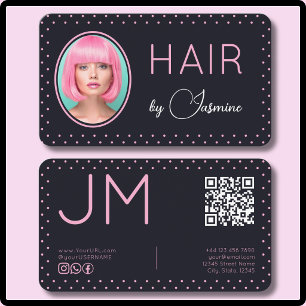 Schwarze rosa punktierte Foto-Monogramm-Friseur Visitenkarte