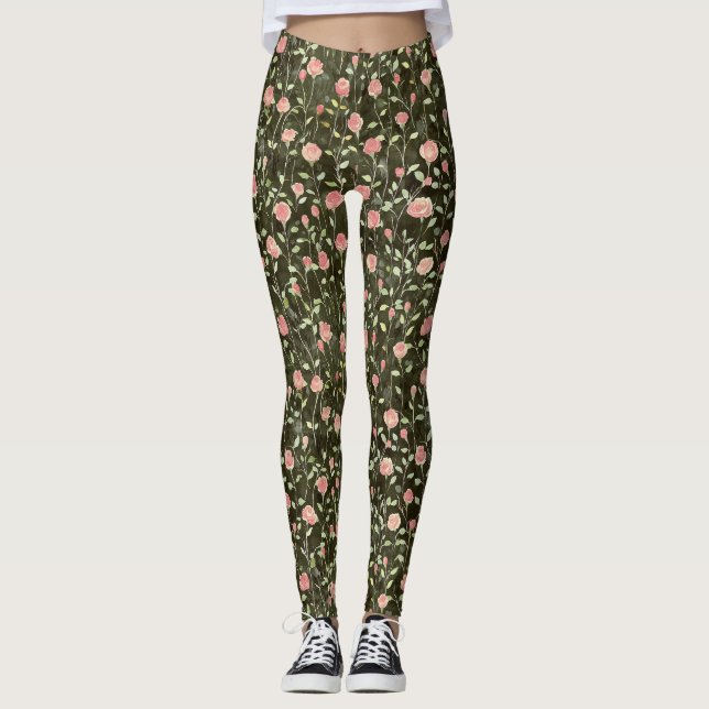 Schwarze rosa Rosen Blumen Leggings (Vorderseite)