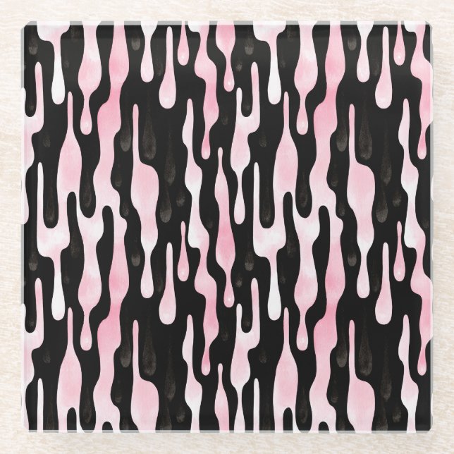 Schwarze rosa Tropfen Glasuntersetzer (Vorderseite)