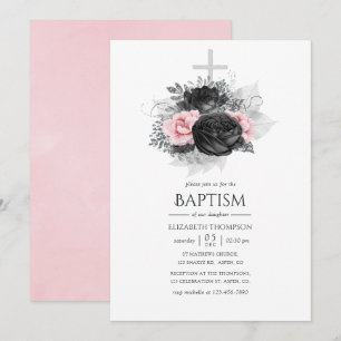 Schwarze rosa und silberne Vintage-Rosen Taufe Einladung