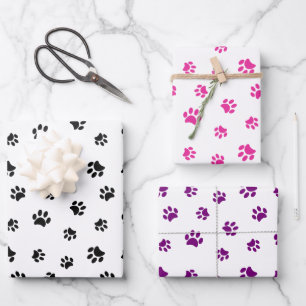 Schwarze, rosa und violette Pfotenabdrücke Muster Geschenkpapier Set
