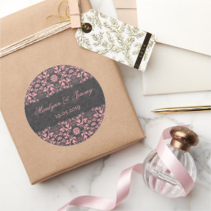 Schwarze & rosa Vintage-Damask-Lack-Hochzeitsgunst Runder Aufkleber