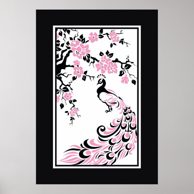 Schwarze, rosa, weiße Pfauenblüten und Kirschblüte Poster (Vorne)