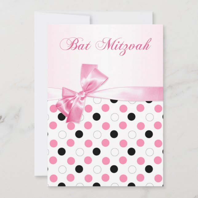 Schwarze, rosa, weiße Polka Punkte Bat Mitzvah Einladung (Vorderseite)