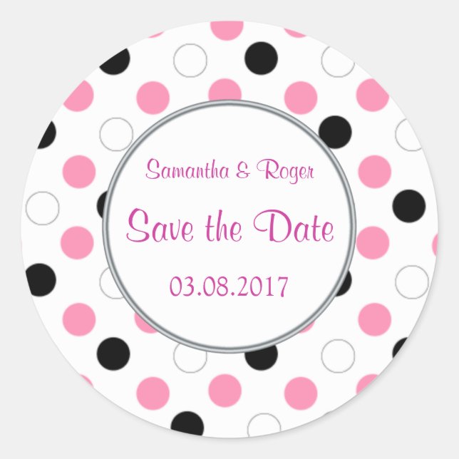 Schwarze, rosa, weiße Polka-Punkte Save the Date Runder Aufkleber (Vorderseite)