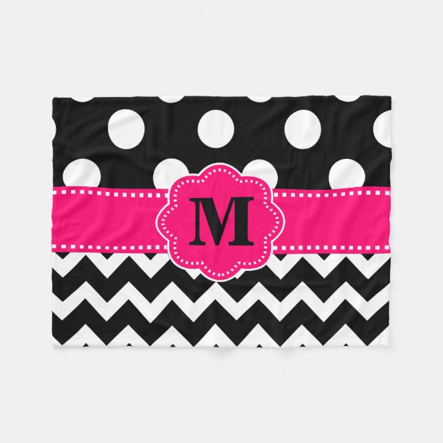 Schwarze rosa Zickzack Punkt-Monogramm-Decke Fleecedecke (Vorderseite (Horizontal))