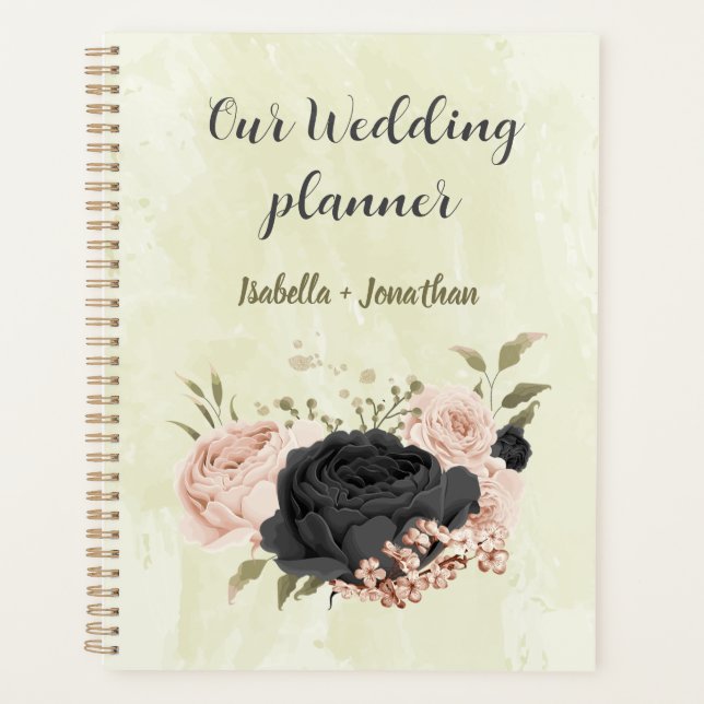 schwarze rosafarbene Blumen Hochzeit Planer (Vorderseite)