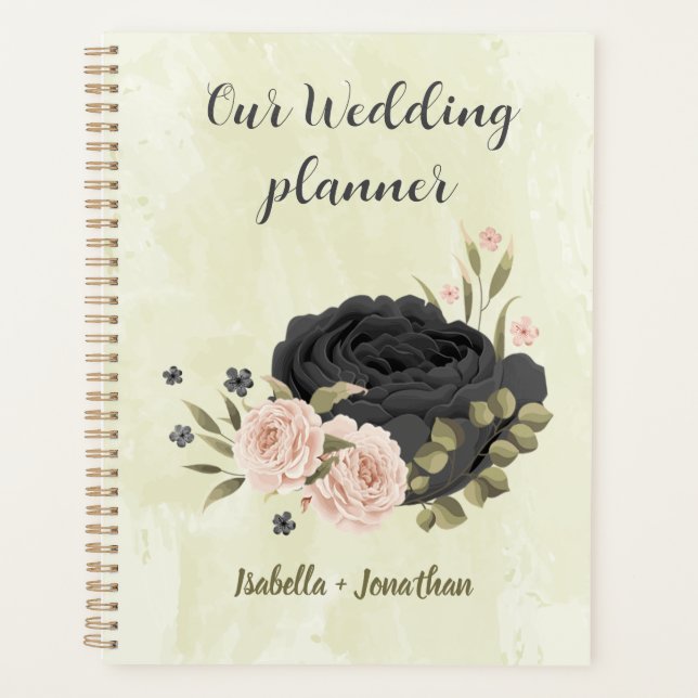 schwarze rosafarbene Blumen Hochzeit Planer (Vorderseite)