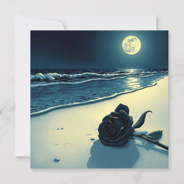 Schwarze Rose am Strand mit Vollmond Karte (Vorderseite)