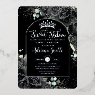 Schwarze Rose Bläserschwarz Silber Sweet 16 Geburt Folieneinladung