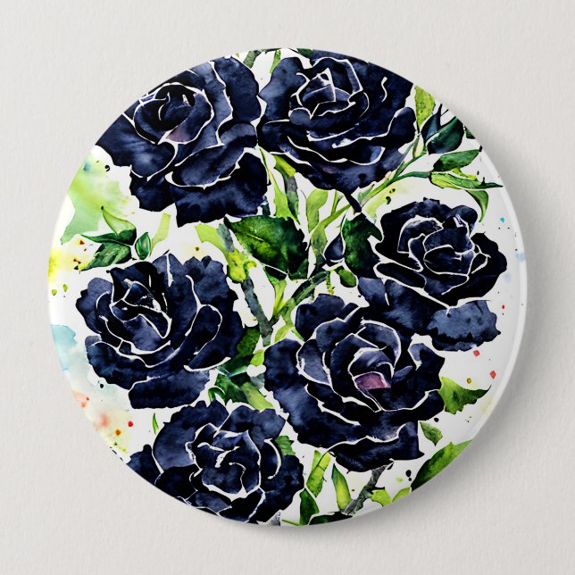 Schwarze Rose Blume Goth Art Aquarellmalerei Button (Vorderseite)