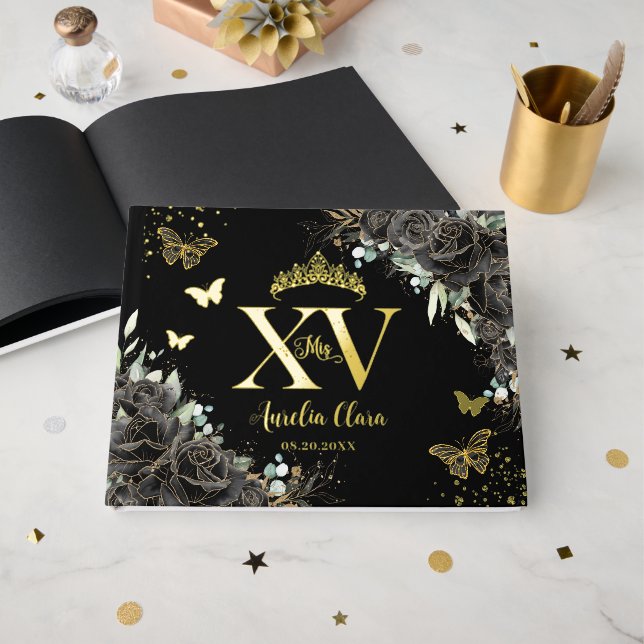 Schwarze Rose Blume Schmetterlinge Gold Quinceañer Gästebuch (Vorderseite offen)