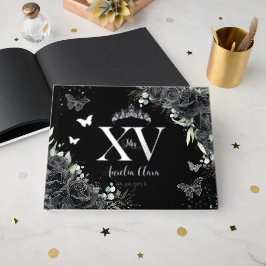 Schwarze Rose Blume Schmetterlinge Silver Quinceañ Gästebuch