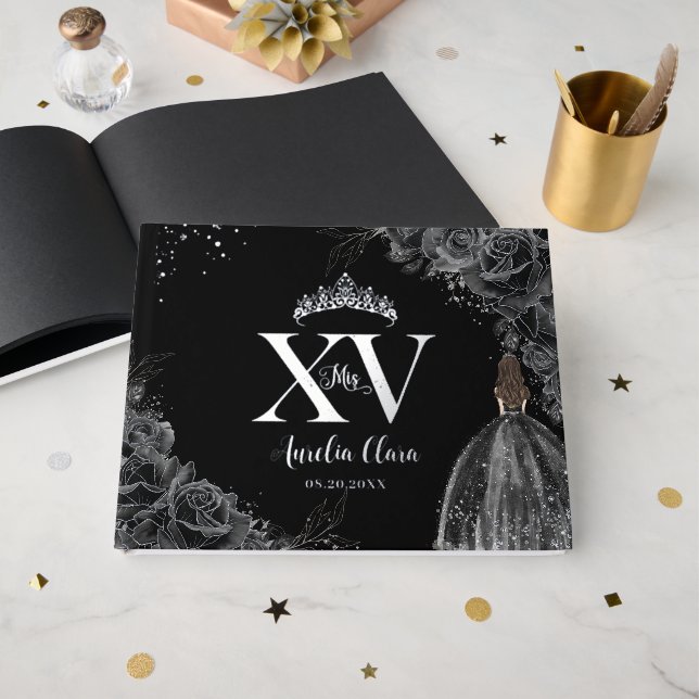 Schwarze Rose Blumenkleid Silver Quinceañera Gästebuch (Vorderseite offen)