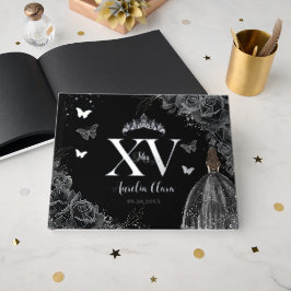 Schwarze Rose Blumenschmetterlinge Silver Quinceañ Gästebuch