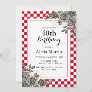 Schwarze Rose Burgund & White Checkered Geburtstag Einladung