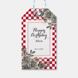 Schwarze Rose Burgund & White Checkered Geburtstag Geschenkanhänger