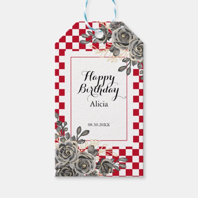 Schwarze Rose Burgund & White Checkered Geburtstag Geschenkanhänger (Vorderseite)