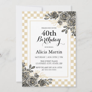 Schwarze Rose Flora Gold und Weiß Checkered Geburt Einladung