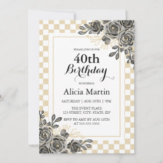 Schwarze Rose Flora Gold und Weiß Checkered Geburt Einladung