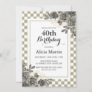 Schwarze Rose Flora Sage & White Checkered Geburts Einladung