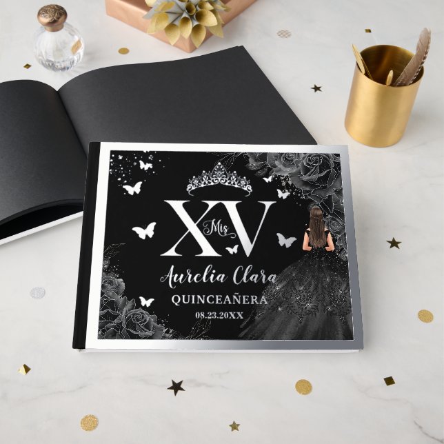 Schwarze Rose Floral Quinceañera Quince 15 XV Silb Gästebuch (Vorderseite offen)