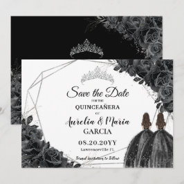 Schwarze Rose Floral Twins XV Silver Quinceañera Save The Date