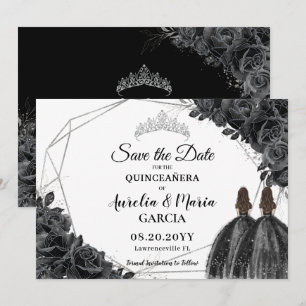 Schwarze Rose Floral Twins XV Silver Quinceañera Save The Date