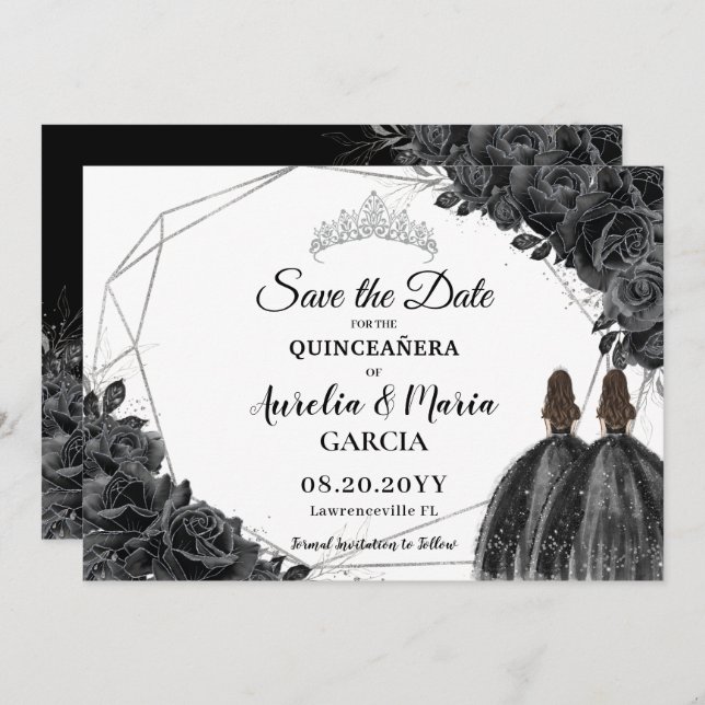 Schwarze Rose Floral Twins XV Silver Quinceañera Save The Date (Vorne/Hinten)