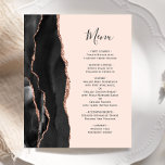 Schwarze Rose Gold Agate Blush Hochzeitmenü<br><div class="desc">Der links Rand dieser eleganten,  modernen Hochzeitseinladung besticht durch einen schwarzen Aquarellrahmen,  der mit Imitaten Rose Gold Glitzer bestickt ist. Der anpassbare Text kombiniert schwarze Schrift mit Copperplate-Schriftart auf einem rot-rosa Hintergrund. Auf der Rückseite ist ein passendes goldenes Design in Schwarz und Rose.</div>