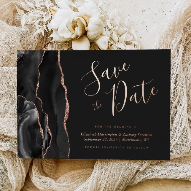 Schwarze Rose Gold Agate Dark Save the Date Folieneinladung (Von Creator hochgeladen)