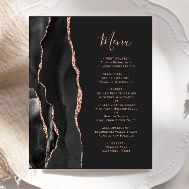 Schwarze Rose Gold Agate Dark Wedding Menu (Von Creator hochgeladen)