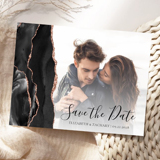 Schwarze Rose Gold Agate Foto Save the Date Postka Postkarte (Von Creator hochgeladen)
