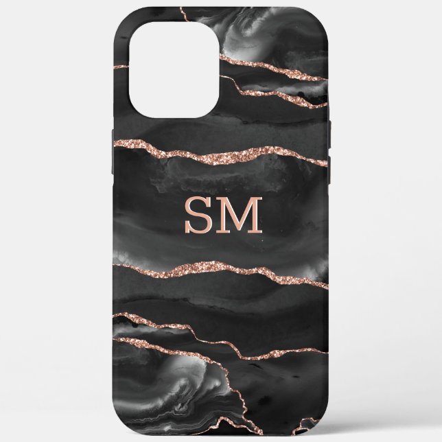 Schwarze Rose Gold Agate Modernes Mit Monogramm Case-Mate iPhone Hülle (Rückseite)