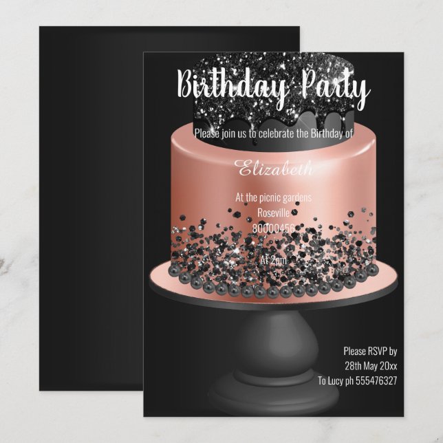 SCHWARZE ROSE GOLD CAKE GEBURTSTAG EINLADUNG (Vorne/Hinten)
