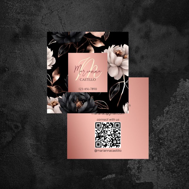 Schwarze Rose Gold Chic Blume Vorlage qr Quadratische Visitenkarte (Black rose gold chic flowers template qr square business card floral modern makeup artist stylist)