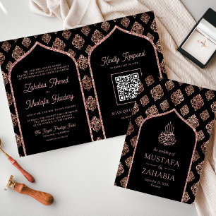 Schwarze Rose Gold Damast Bogen QR Code Muslimisch Einladung