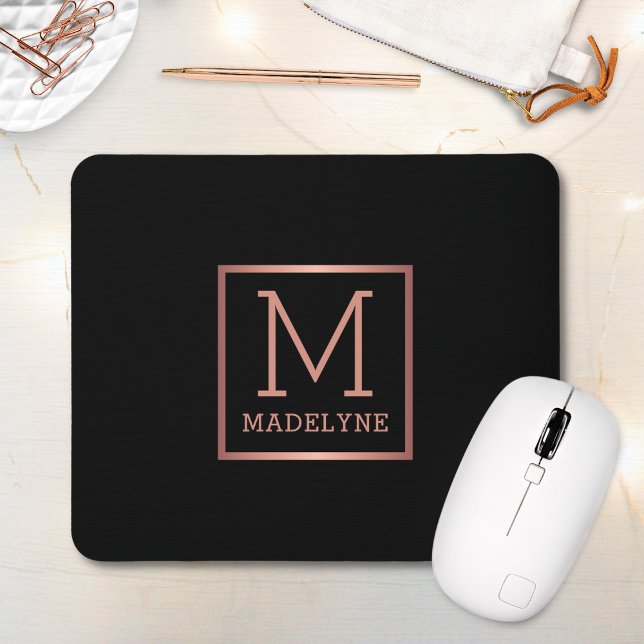 Schwarze Rose Gold Elegante Modernes Monogramm Mousepad (Von Creator hochgeladen)