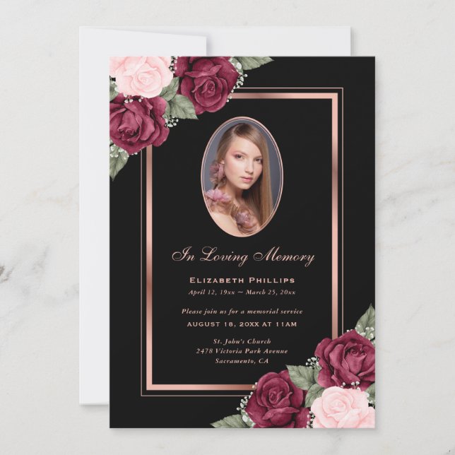 Schwarze Rose Gold florales Foto in Love Memory Einladung (Vorderseite)