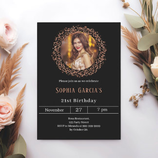 Schwarze Rose Gold Foto Glitzer Geburtstag Einladung