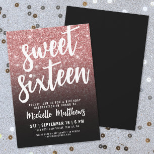 Schwarze Rose Gold Glitter 16. Geburtstag Einladung