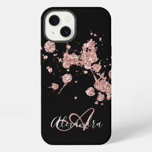 Schwarze Rose Gold Glitter Funkeln Monogramm iPhone 13 Hülle