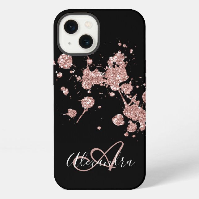 Schwarze Rose Gold Glitter Funkeln Monogramm iPhone Hülle (Rückseite)