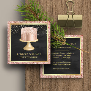 Schwarze Rose Gold Glitter Tropfen Rosa Torte Bäck Quadratische Visitenkarte