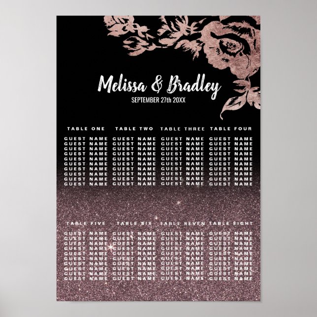 Schwarze Rose Gold Glitzer Blütensitzkarte Poster (Vorne)