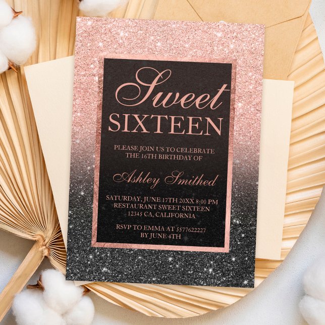 Schwarze Rose Gold Glitzer eleganter Chic Sweet 16 Einladung (Black rose gold glitter elegant chic Sweet 16 Invitation)