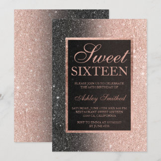 Schwarze Rose Gold Glitzer eleganter Sweet 16 Einladung