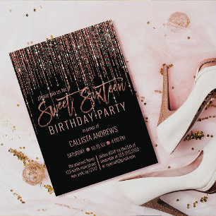 Schwarze Rose Gold Glitzer Fringe Vorhang Sweet 16 Einladung