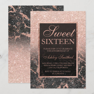 Schwarze Rose Gold Glitzer Marmor schick Sweet 16 Einladung