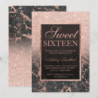 Schwarze Rose Gold Glitzer Marmor schick Sweet 16 Einladung